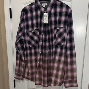 Sun + Stone Black and Pink Plaid Button-Down Shirt